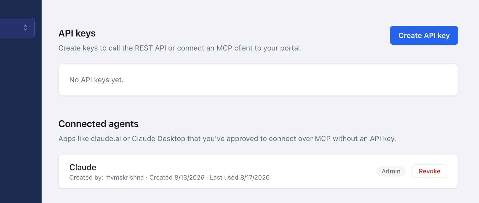 Connected agents: an app approved to answer over MCP, with the role it was given and no API key needed.