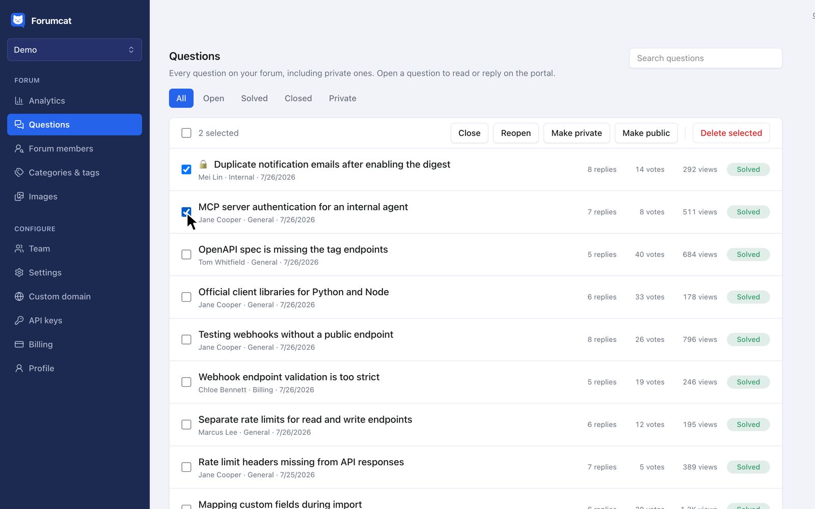 Several questions selected on the Questions page with the bulk action bar showing.