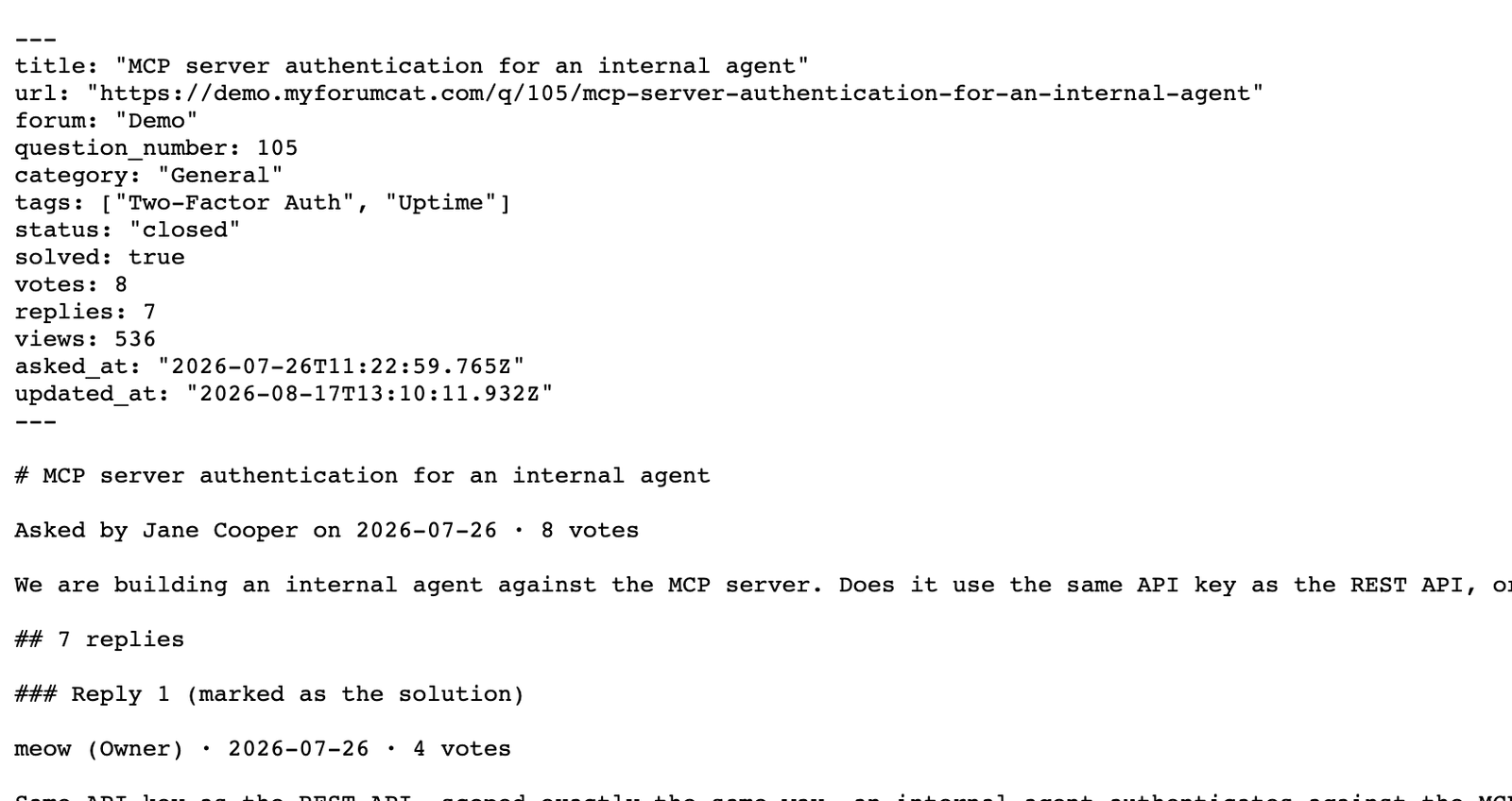 The raw markdown view of a question thread, with YAML front matter, as an AI agent reads it.